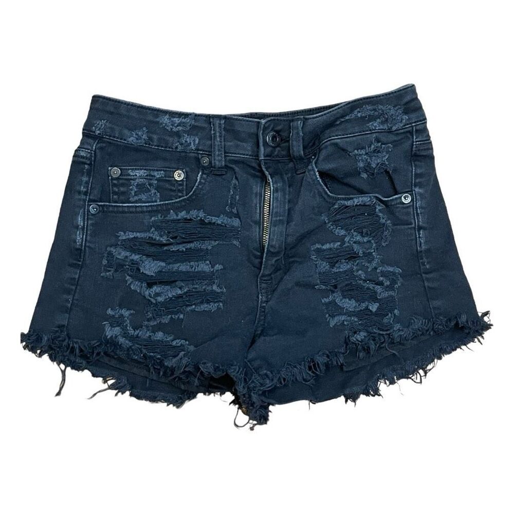 American Eagle Jean Shorts Black Distressed Denim Vintage High Rise Festival Sz
